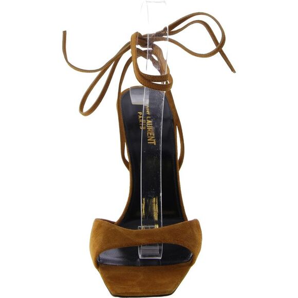 Saint Laurent Womens Brown Suede Ankle Strap Casual Heels Shoes New - Picture 2 of 3